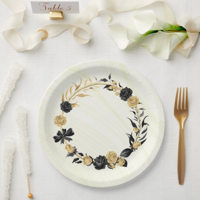 Plato De Papel dorado elegante y floral negra (Boda)
