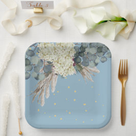 Plato De Papel Dorado Floral Azul Elegante Cumpleaños