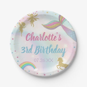 Plato De Papel Dorado Magnífico Unicornio Sirenita Cumpleaños