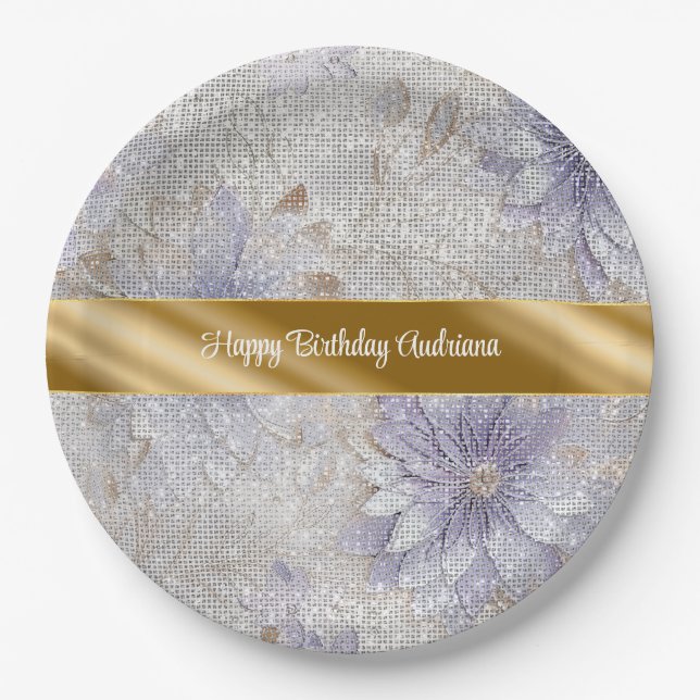 Plato De Papel Dorado Morado Floral Blanco Parkle Cumpleaños (Anverso)