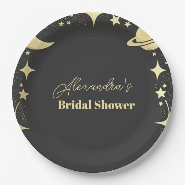 Plato De Papel Dorado negro Celestial Crescent Moon Bridal Shower (Anverso)