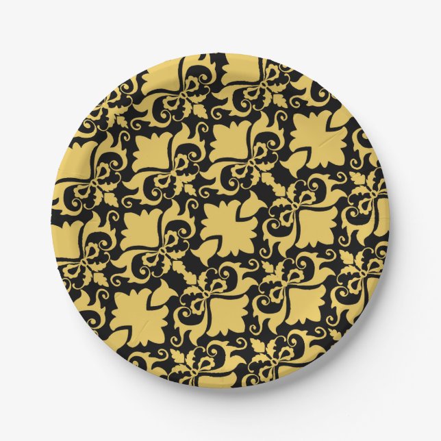 Plato De Papel Dorado Night Damask Bows (Anverso)