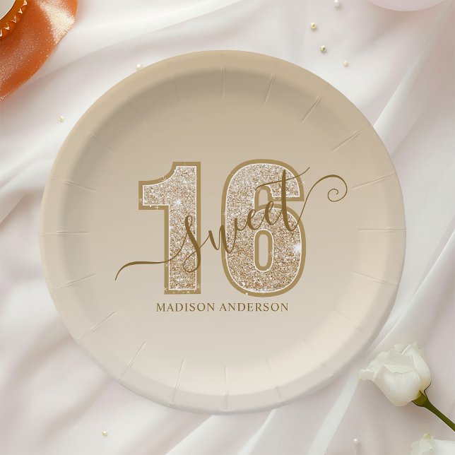 Plato De Papel Dorado Purpurina Script Dulce 16 Cumpleaños (Subido por el creador)