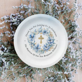 Plato De Papel Dorado y azul acuarela Floral Boy Baptismo