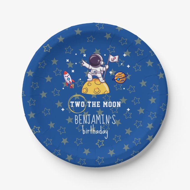 Plato De Papel Dos a la Luna Segundo Cumpleaños Niños (Anverso)