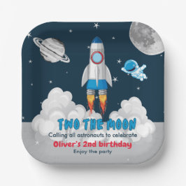 Plato De Papel Dos al niño de la luna cohete espacial cumpleaños 