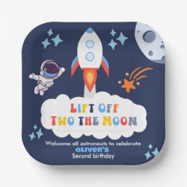 Plato De Papel Dos Al Niño De La Luna Cohete Espacial Despegue Cu