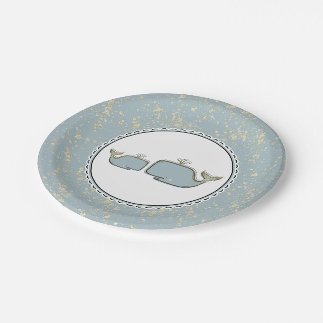 Plato De Papel Dos ballenas de mar Blue & Gold Boutique Baby Show (Angular)