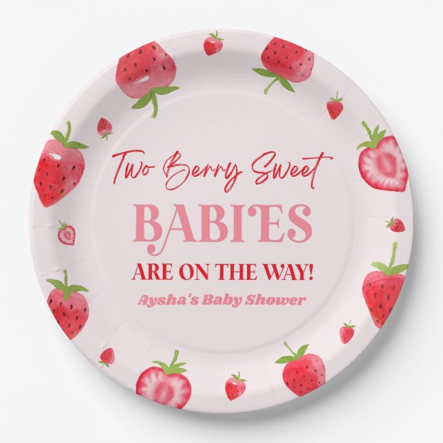 Plato De Papel Dos Berry Sweet Babies Strawberry Twin Baby Shower (Anverso)