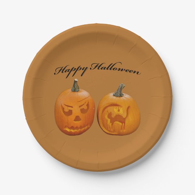 Plato De Papel Dos calabazas Feliz Halloween (Anverso)