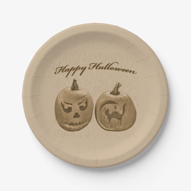 Plato De Papel Dos calabazas Feliz Halloween (Anverso)