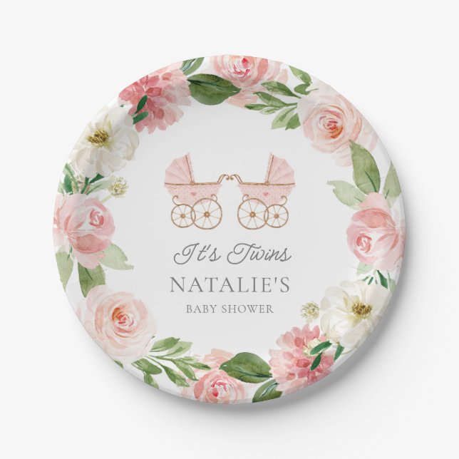 Plato De Papel Dos Chicas gemelos Placa de papel Baby Shower flor (Anverso)