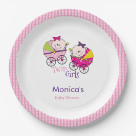 Plato De Papel Dos Chicas gemelos rosan Gingham Baby Shower Paper