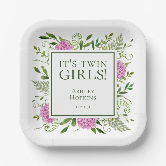 Plato De Papel Dos Chicas gemelos rosan Hydrangeas Chica Baby Sho (Anverso)