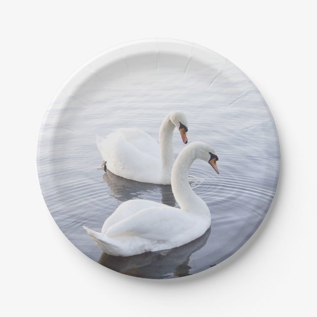 Plato De Papel Dos cisnes nadando en un lago tranquilo (Anverso)