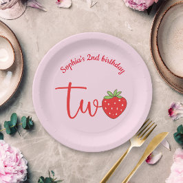 Plato De Papel Dos Cumpleaños de Fresa Rosa