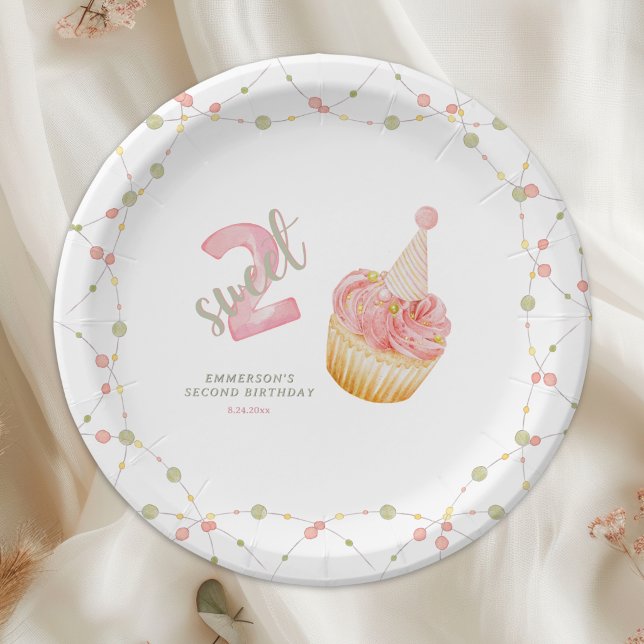 Plato De Papel Dos Cumpleaños Dulces Cupcake 2º Cumpleaños  (Two Sweet Cute Cupcake 2nd Birthday Paper Plates
)