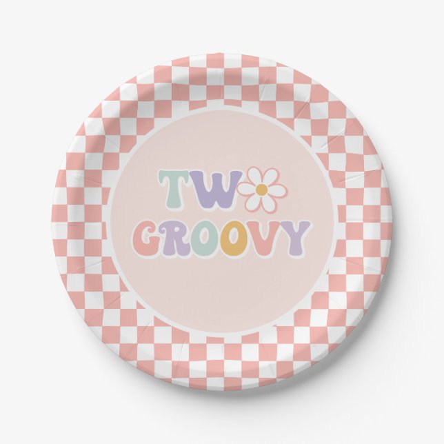 Plato De Papel Dos Daisy Checker rosadas divertidas (Anverso)