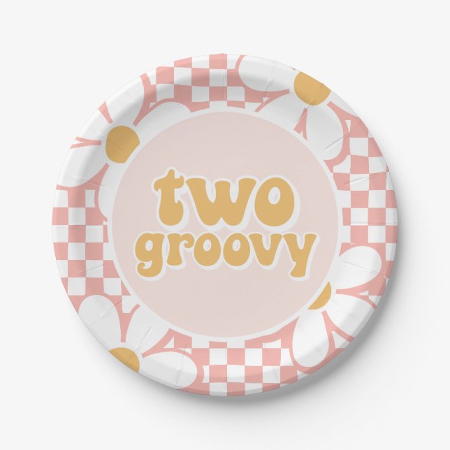 Plato De Papel Dos Daisy Checkerrosas Groovy (Anverso)