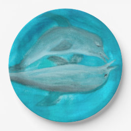 Plato De Papel Dos delfines jugando salvajes y libres en el océan