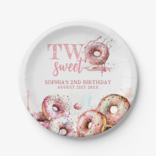Plato De Papel Dos dulces Chicas de donut rosados segundo cumplea