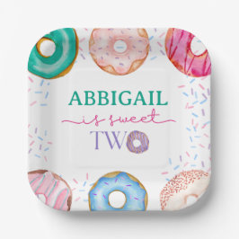 Plato De Papel Dos dulces Chicas de donut rosados segundo cumplea