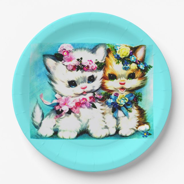Plato De Papel dos gatitos y muchas flores (Anverso)