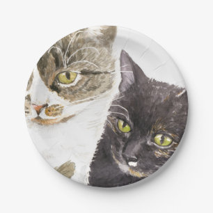 Plato De Papel Dos gatos - tabby y tortie