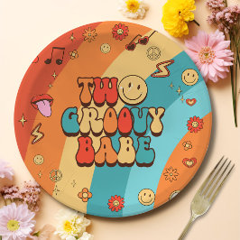 Plato De Papel Dos Groovy Babe Retro Rainbow segundo Fiesta de cu