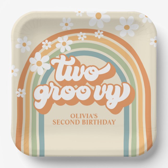 Plato De Papel Dos Groovy Cumpleaños Retro Arcoíris Margarita (Anverso)