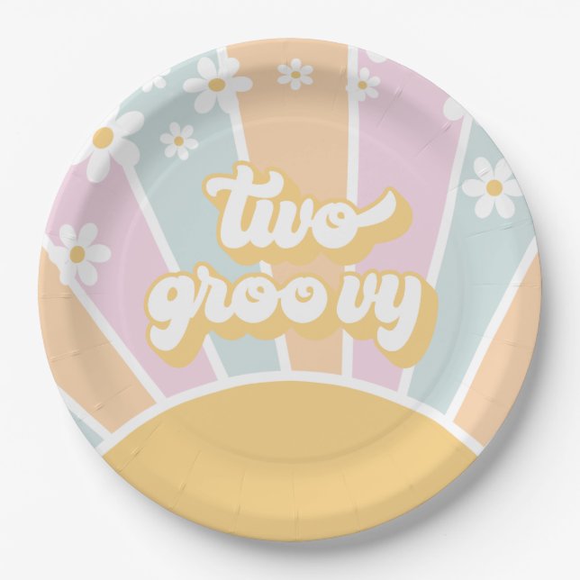 Plato De Papel Dos Groovy pastel Retro Sunshine daisy boho (Anverso)