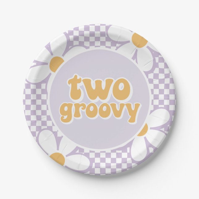 Plato De Papel Dos Groovy Purple Daisy Checker (Anverso)