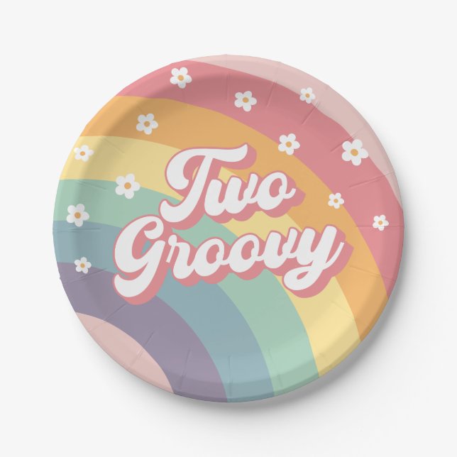 Plato De Papel Dos Groovy Retro 70's Rainbow Daisy 2º cumpleaños (Anverso)