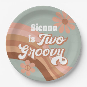 Plato De Papel Dos Groovy Retro Daisy Sage Rosado Segundo Cumplea
