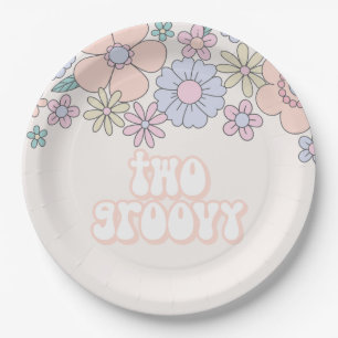 Plato De Papel Dos Groovy Retro florales pastel cumpleaños 2