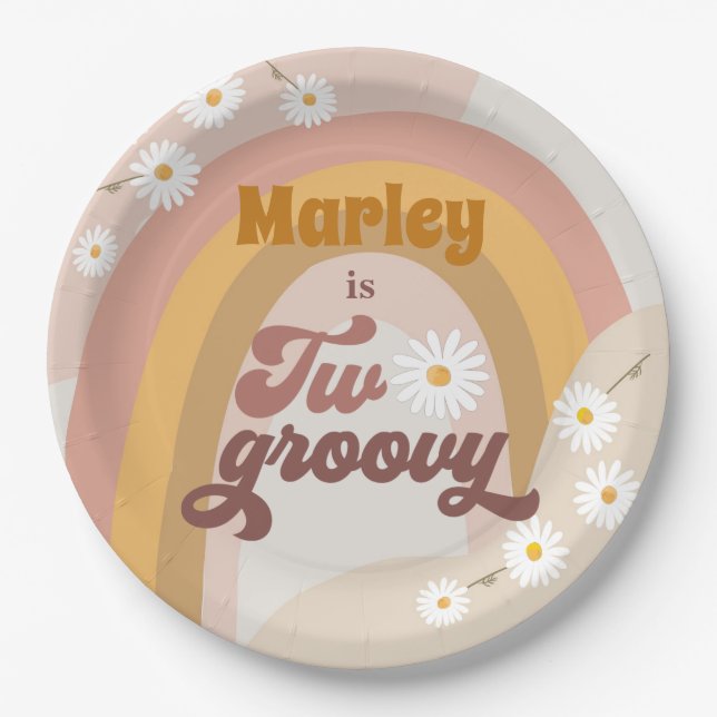 Plato De Papel Dos Groovy Retro Hippie Daisy Chica Segundo Cumple (Anverso)