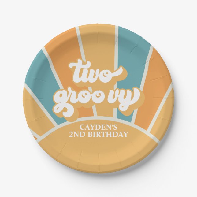 Plato De Papel Dos Groovy Retro Sunshine Boy segundo cumpleaños (Anverso)