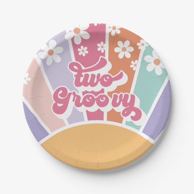 Plato De Papel Dos Groovy Retro Sunshine Rainbow Daisy (Anverso)