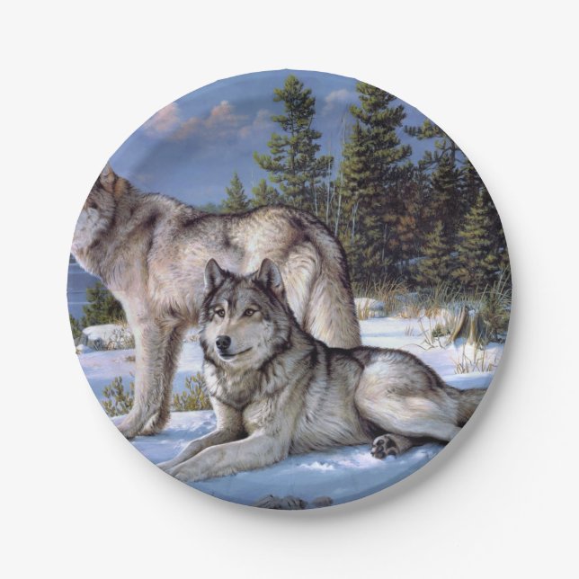 Plato De Papel Dos lobos árticos pintando (Anverso)