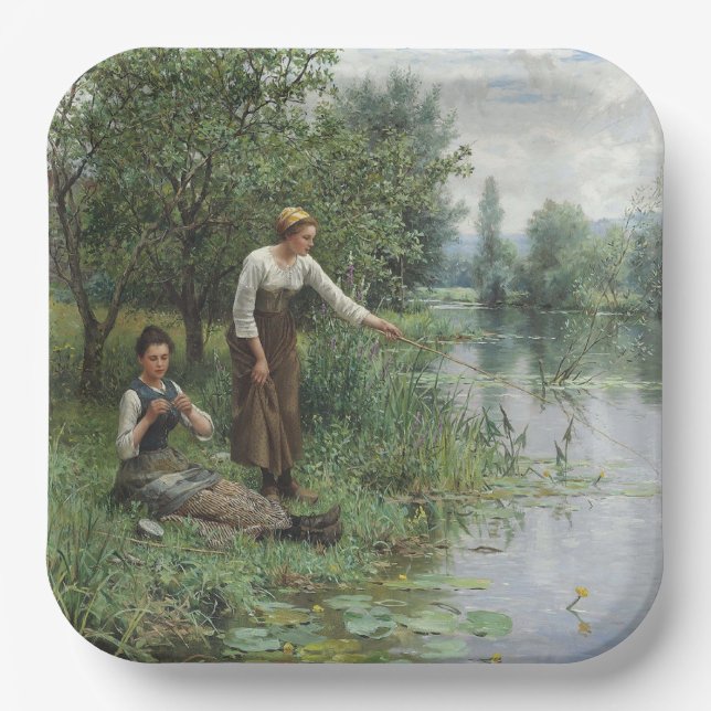 Plato De Papel Dos mujeres pescando en la hierba junto al río (Anverso)