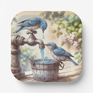 Plato De Papel Dos pájaros azules sobre un grifo retro