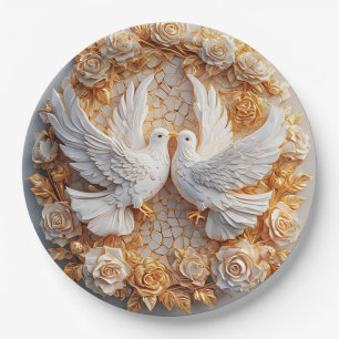 Plato De Papel Dos palomas blancas en medio de un patrón floral
