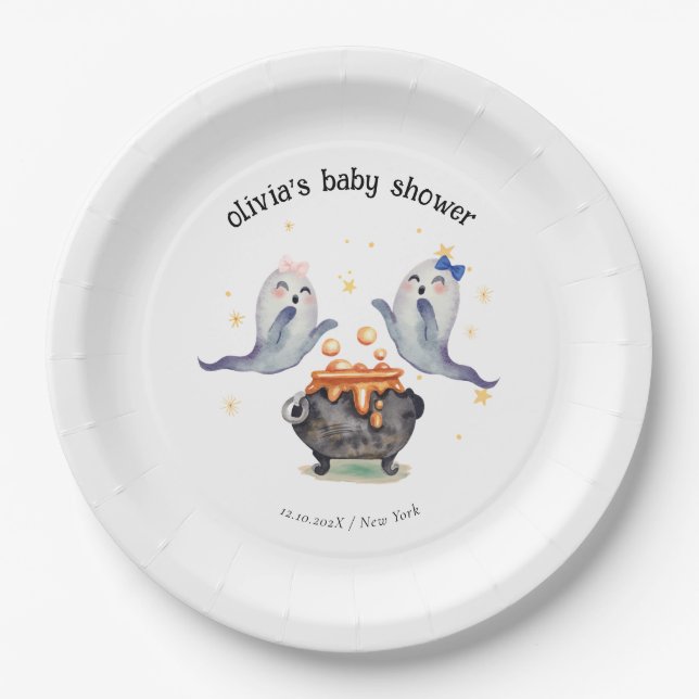 Plato De Papel Dos pequeños abucheos fantasma en Baby Shower (Anverso)
