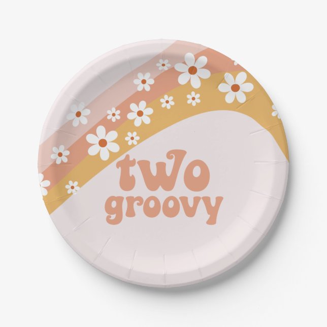 Plato De Papel Dos Placas de papel arcoiris retro Groovy Daisy Bo (Anverso)