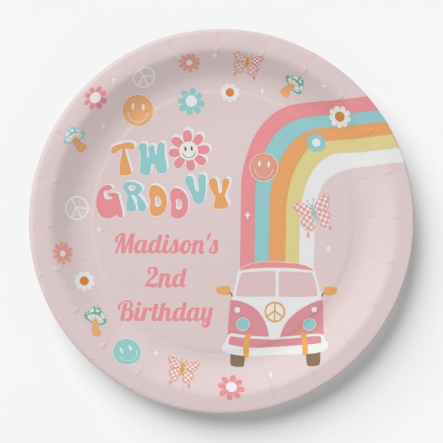 Plato De Papel Dos Placas de papel Groovy Retro Boho Birthday Par (Anverso)