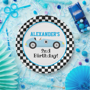 Plato De Papel Dos Racecar Rápido Carreras Azul Niño Cumpleaños