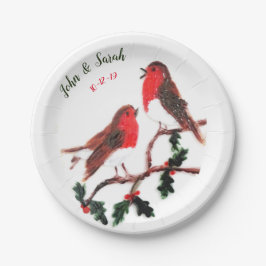 Plato De Papel Dos Robin Birds Winter Holly Boda