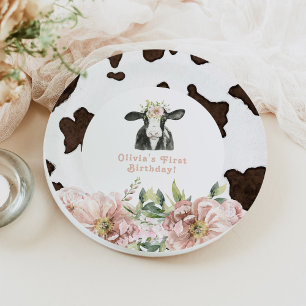 Plato De Papel DOTTIE Holy Cow Cute Floral Farm 1er cumpleaños