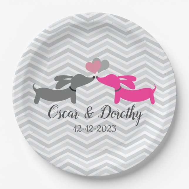 Plato De Papel Doxie personalizada de Dachshund Boda (Anverso)