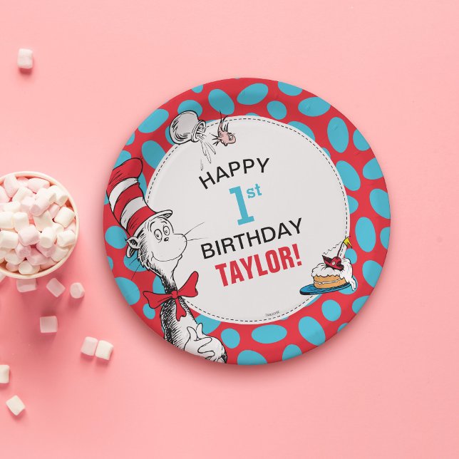 Plato De Papel Dr. Seuss | Gato en cumpleaños Gorra (Plate on table)